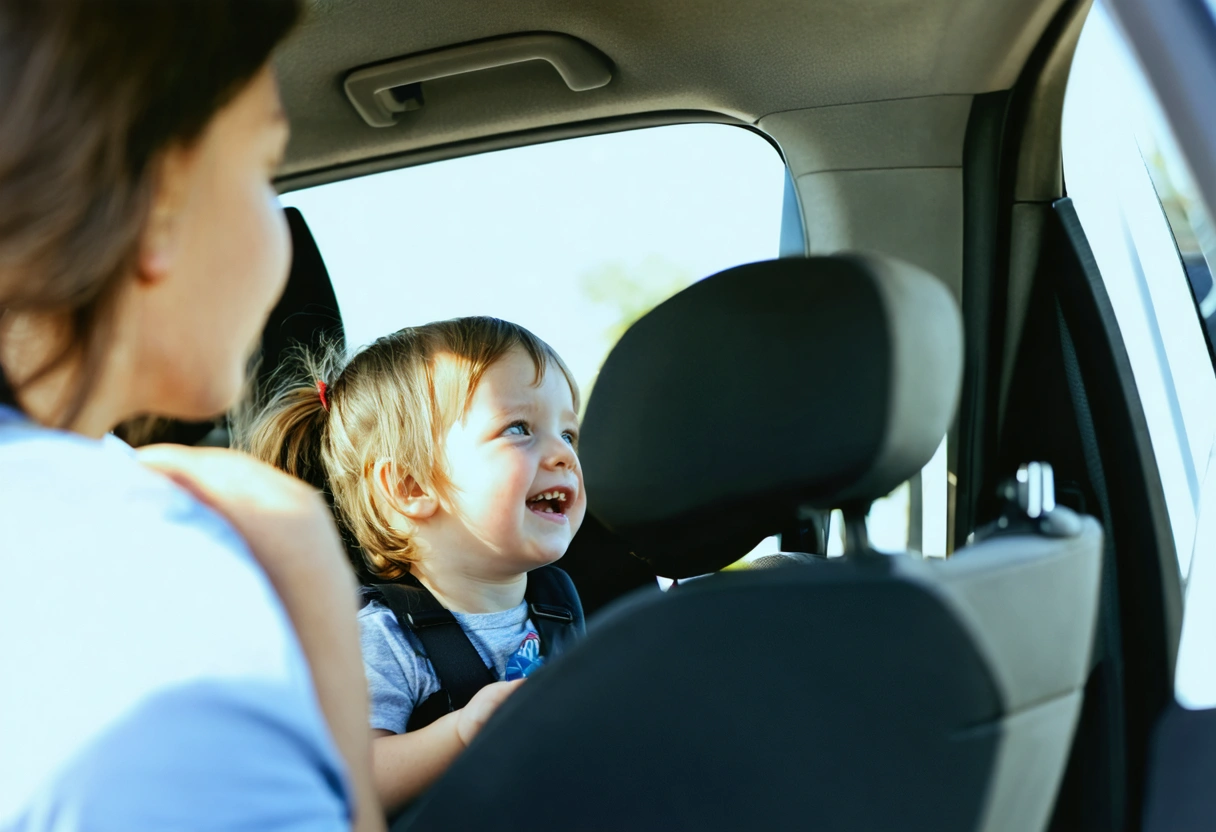Child secured in a car seat with properly positioned harness straps