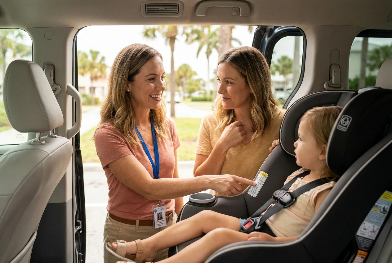Parent checking a rear-facing child car seat installation